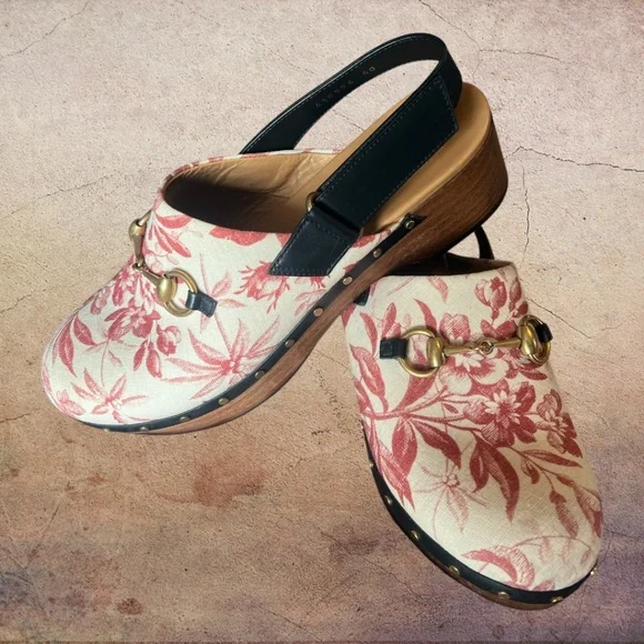 Authentic Gucci Red Floral Canvas Princetown Mules Gold Horsebit Made in Italy - Picture 4 of 4
